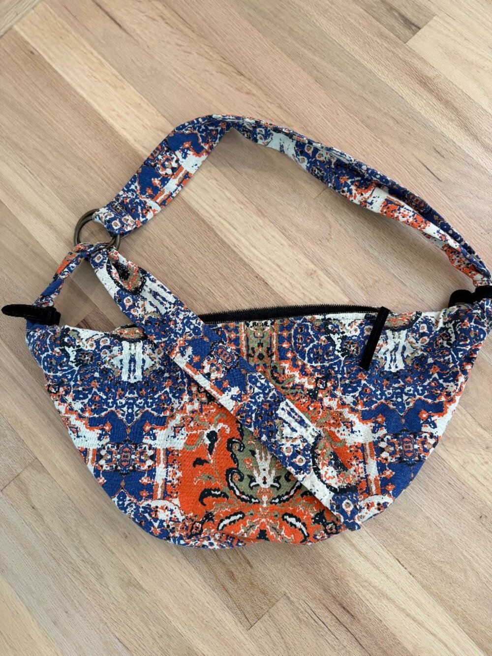 Free People Woven Paisley Tapestry Sling Bag Boho Crossbody Orange Blue OS
